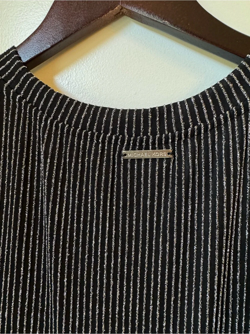 Michael Kors Black and Silver Metallic Striped Cold-Shoulder Ribbed Dress